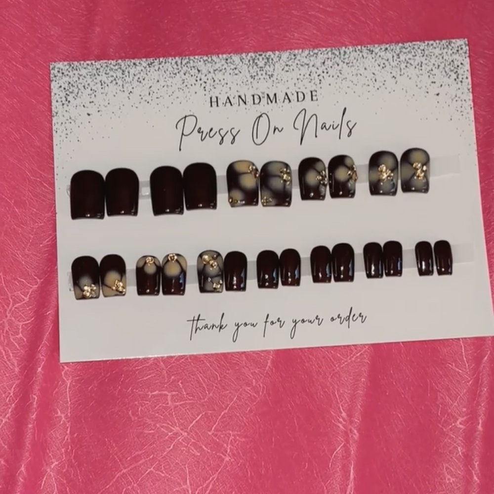 Handmade Brown and Gold floral designs Press On Nails